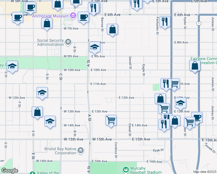 map of restaurants, bars, coffee shops, grocery stores, and more near 220 East 11th Avenue in Anchorage