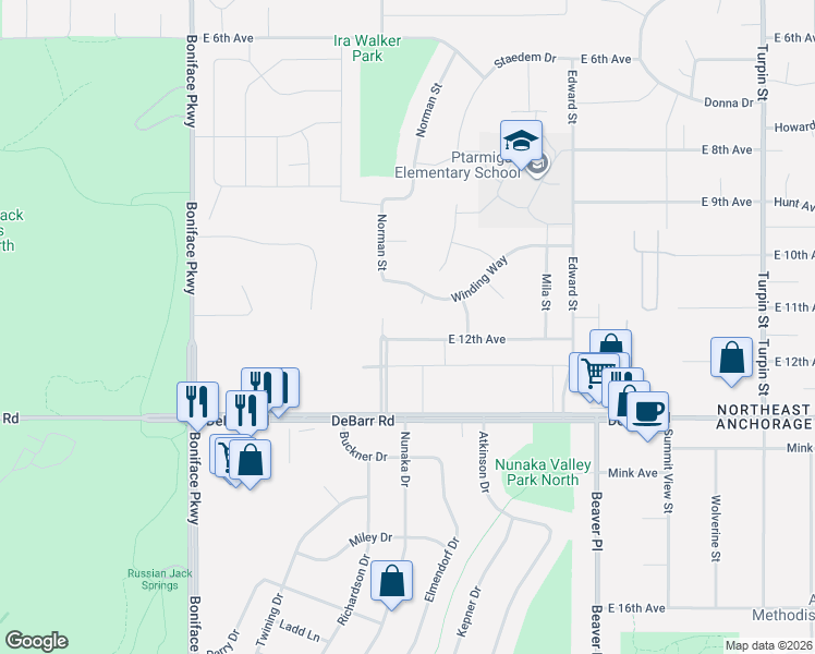 map of restaurants, bars, coffee shops, grocery stores, and more near 5816 Winding Way in Anchorage