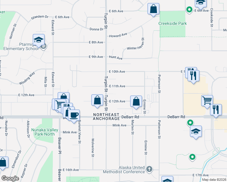 map of restaurants, bars, coffee shops, grocery stores, and more near 6701 East 11th Avenue in Anchorage