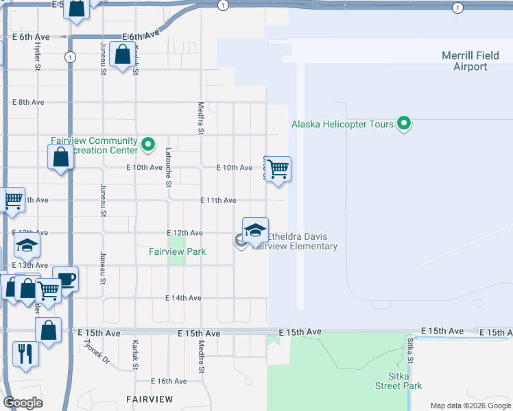 map of restaurants, bars, coffee shops, grocery stores, and more near 1027 Nelchina Street in Anchorage
