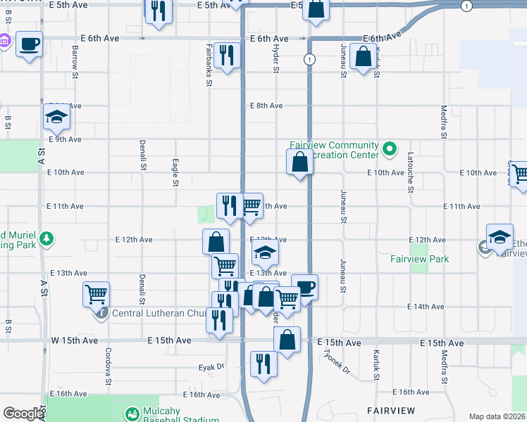 map of restaurants, bars, coffee shops, grocery stores, and more near 726 East 11th Avenue in Anchorage