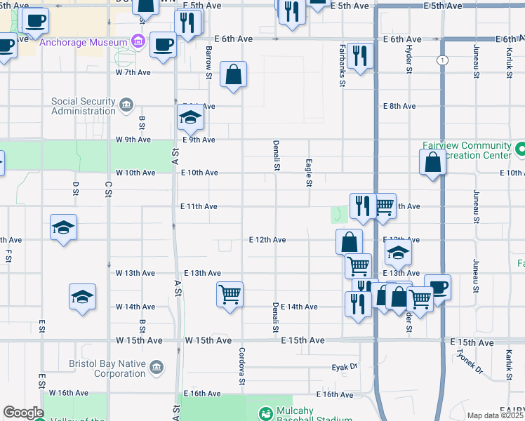 map of restaurants, bars, coffee shops, grocery stores, and more near in Anchorage