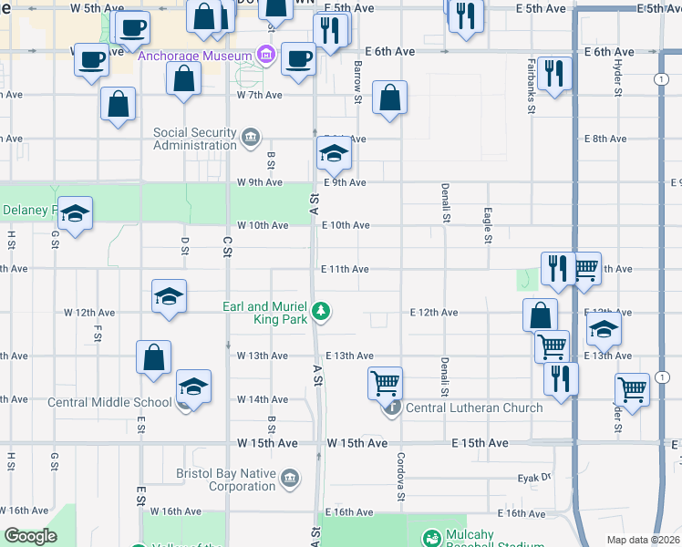 map of restaurants, bars, coffee shops, grocery stores, and more near 1026 Barrow Street in Anchorage