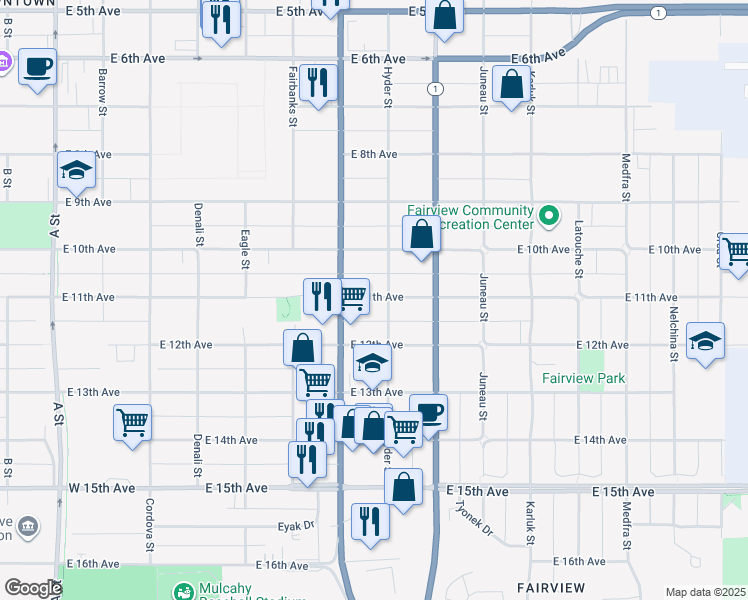 map of restaurants, bars, coffee shops, grocery stores, and more near 745 East 11th Avenue in Anchorage