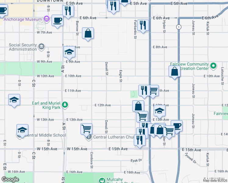map of restaurants, bars, coffee shops, grocery stores, and more near in Anchorage