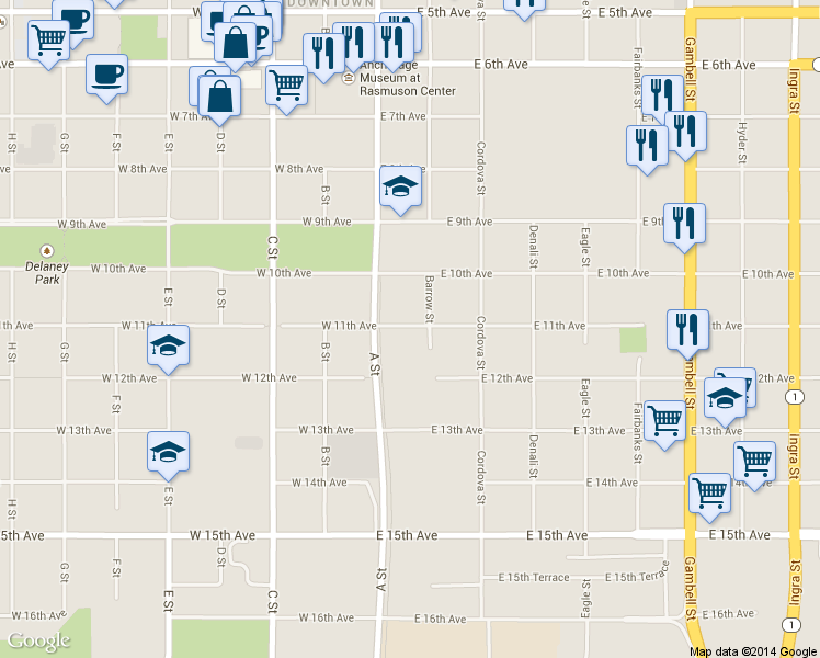 map of restaurants, bars, coffee shops, grocery stores, and more near 1026 Barrow Street in Anchorage