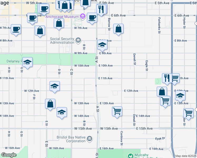 map of restaurants, bars, coffee shops, grocery stores, and more near 1033 A Street in Anchorage