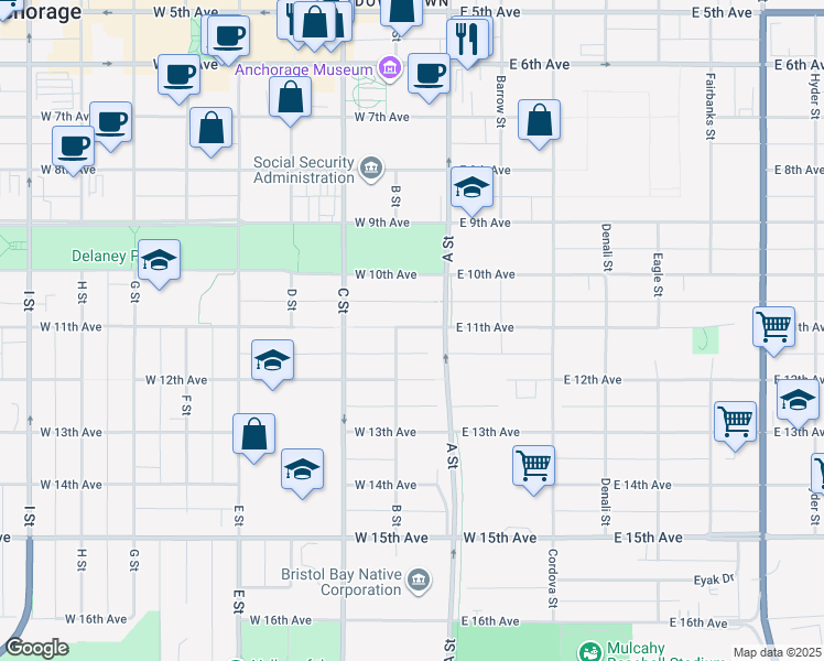 map of restaurants, bars, coffee shops, grocery stores, and more near 129 West 11th Avenue in Anchorage