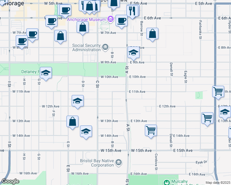 map of restaurants, bars, coffee shops, grocery stores, and more near 129 West 11th Avenue in Anchorage