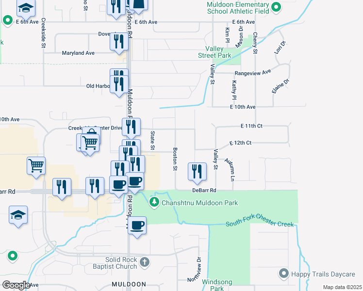 map of restaurants, bars, coffee shops, grocery stores, and more near 1111 Boston Street in Anchorage