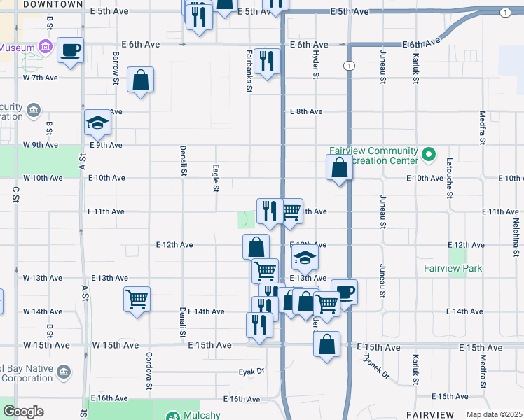 map of restaurants, bars, coffee shops, grocery stores, and more near 615 East 11th Avenue in Anchorage