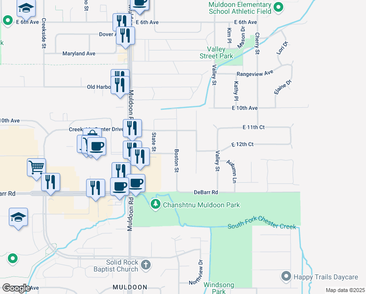 map of restaurants, bars, coffee shops, grocery stores, and more near 1111 Boston Street in Anchorage