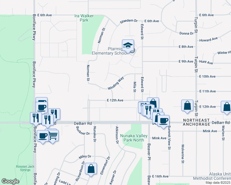 map of restaurants, bars, coffee shops, grocery stores, and more near 1115 Gav Way in Anchorage