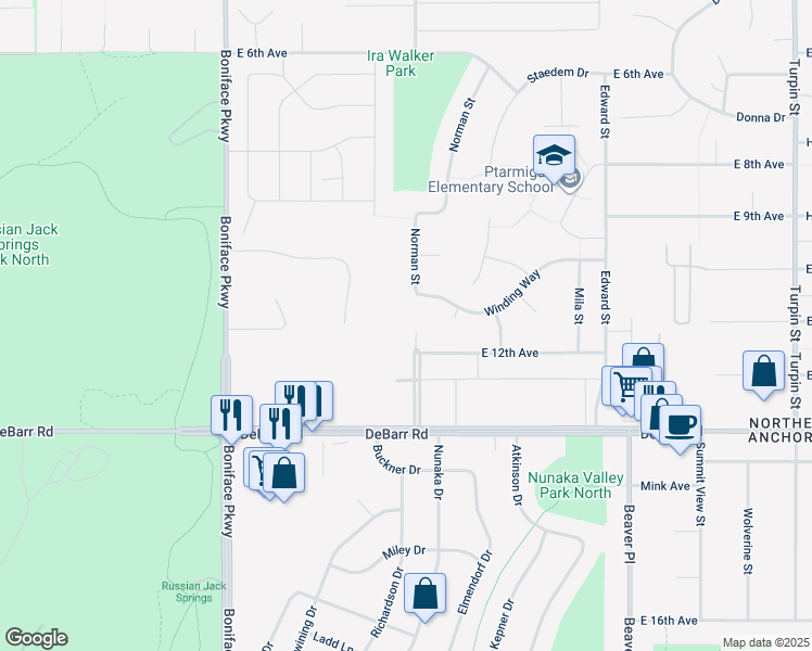 map of restaurants, bars, coffee shops, grocery stores, and more near 1106 Norman Street in Anchorage