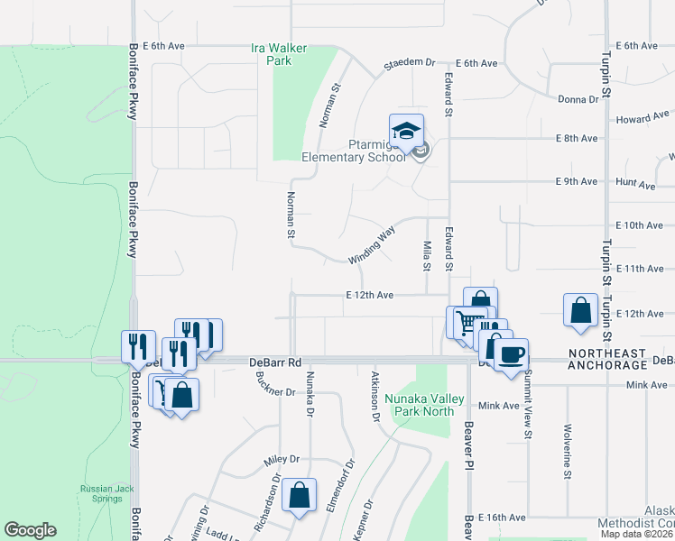map of restaurants, bars, coffee shops, grocery stores, and more near 5928 Winding Way in Anchorage
