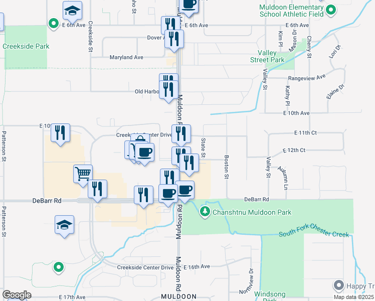 map of restaurants, bars, coffee shops, grocery stores, and more near 1135 Muldoon Road in Anchorage