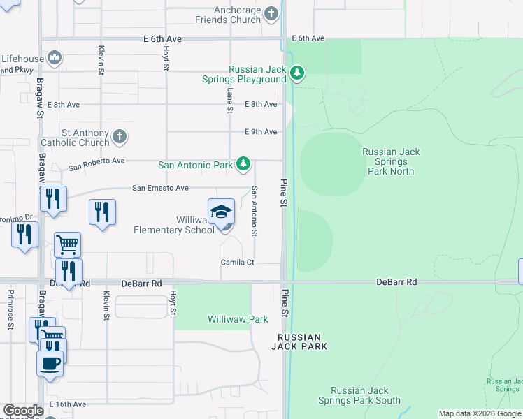 map of restaurants, bars, coffee shops, grocery stores, and more near 1133 San Antonio Street in Anchorage