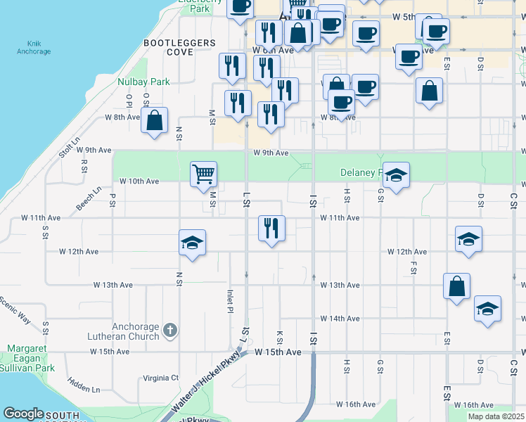 map of restaurants, bars, coffee shops, grocery stores, and more near 1025 West 11th Avenue in Anchorage