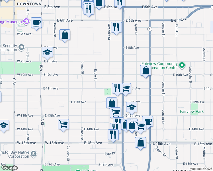 map of restaurants, bars, coffee shops, grocery stores, and more near 525 East 11th Avenue in Anchorage