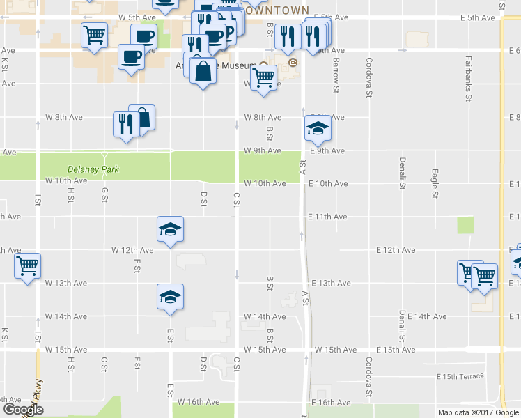 map of restaurants, bars, coffee shops, grocery stores, and more near 211 West 11th Avenue in Anchorage