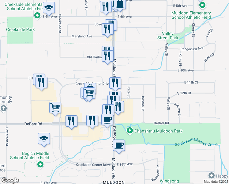 map of restaurants, bars, coffee shops, grocery stores, and more near 1101 Muldoon Road in Anchorage
