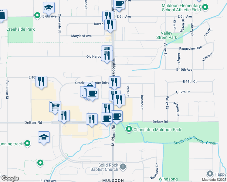 map of restaurants, bars, coffee shops, grocery stores, and more near 1101 Muldoon Road in Anchorage