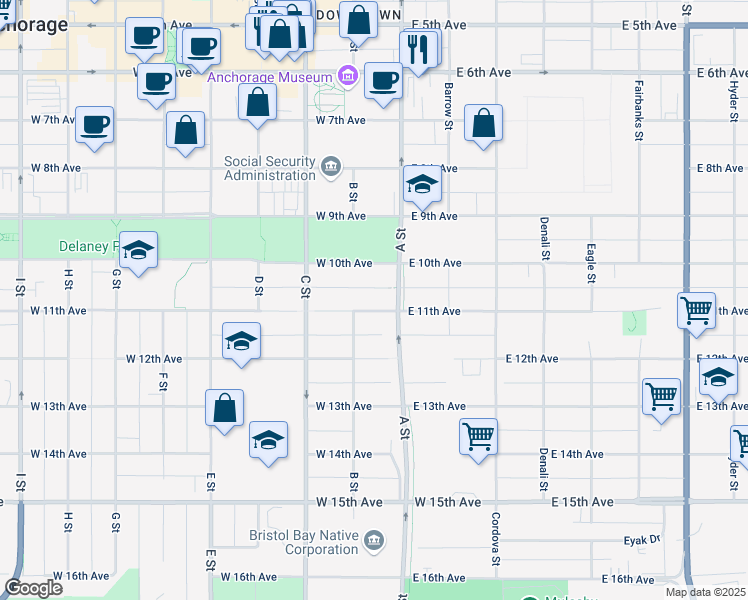 map of restaurants, bars, coffee shops, grocery stores, and more near 129 West 11th Avenue in Anchorage