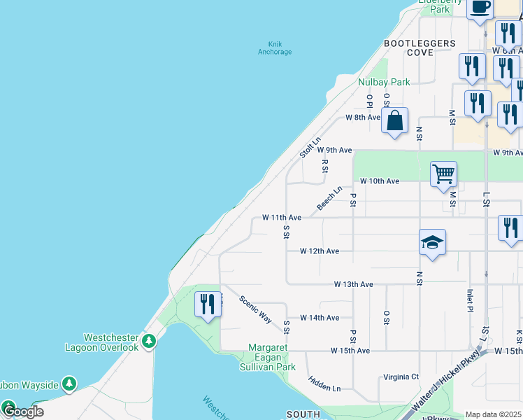 map of restaurants, bars, coffee shops, grocery stores, and more near 1729 W 11th Ave in Anchorage