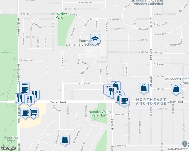 map of restaurants, bars, coffee shops, grocery stores, and more near 1139 Ril Cir in Anchorage