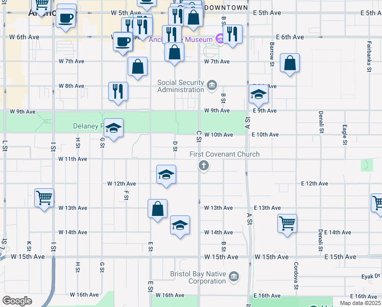 map of restaurants, bars, coffee shops, grocery stores, and more near 309 West 11th Avenue in Anchorage
