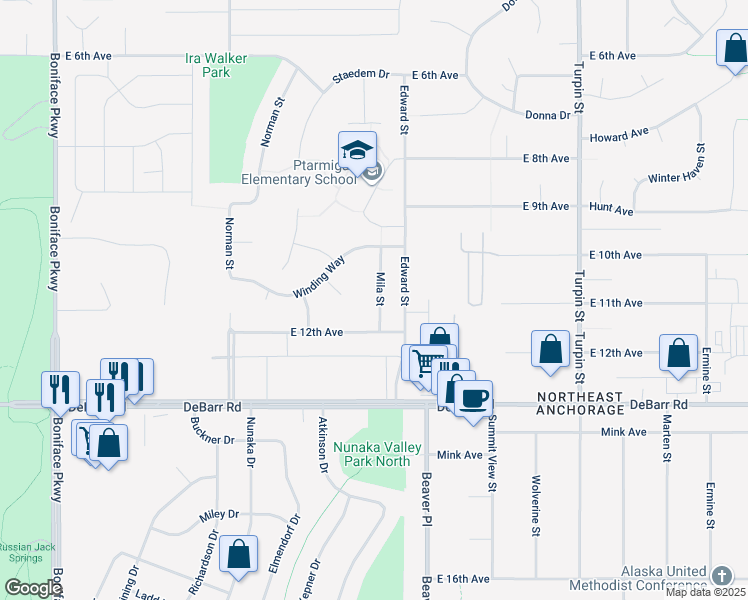 map of restaurants, bars, coffee shops, grocery stores, and more near 1108 Mila Street in Anchorage