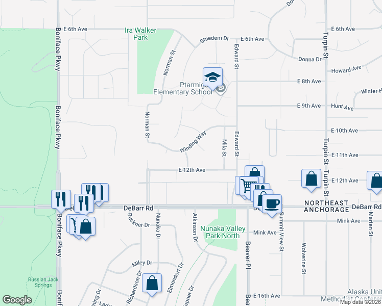 map of restaurants, bars, coffee shops, grocery stores, and more near 6008 Winding Way in Anchorage