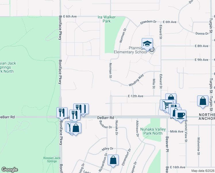 map of restaurants, bars, coffee shops, grocery stores, and more near 1106 Norman Street in Anchorage