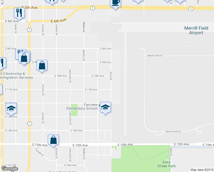 map of restaurants, bars, coffee shops, grocery stores, and more near 1027 Nelchina Street in Anchorage