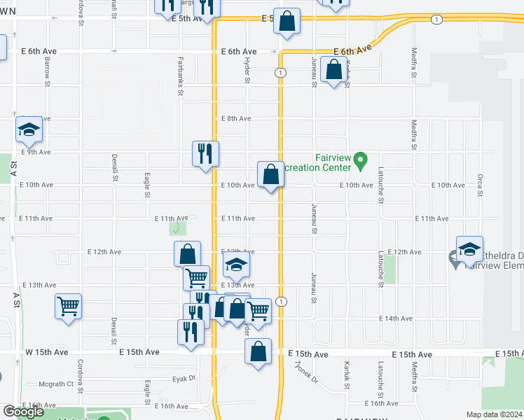 map of restaurants, bars, coffee shops, grocery stores, and more near 819 East 11th Avenue in Anchorage
