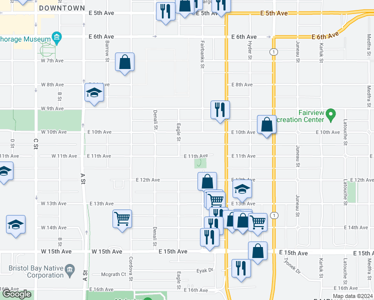 map of restaurants, bars, coffee shops, grocery stores, and more near 525 East 11th Avenue in Anchorage