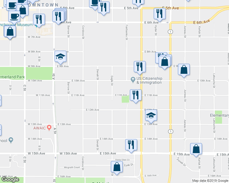 map of restaurants, bars, coffee shops, grocery stores, and more near 445 East 11th Avenue in Anchorage