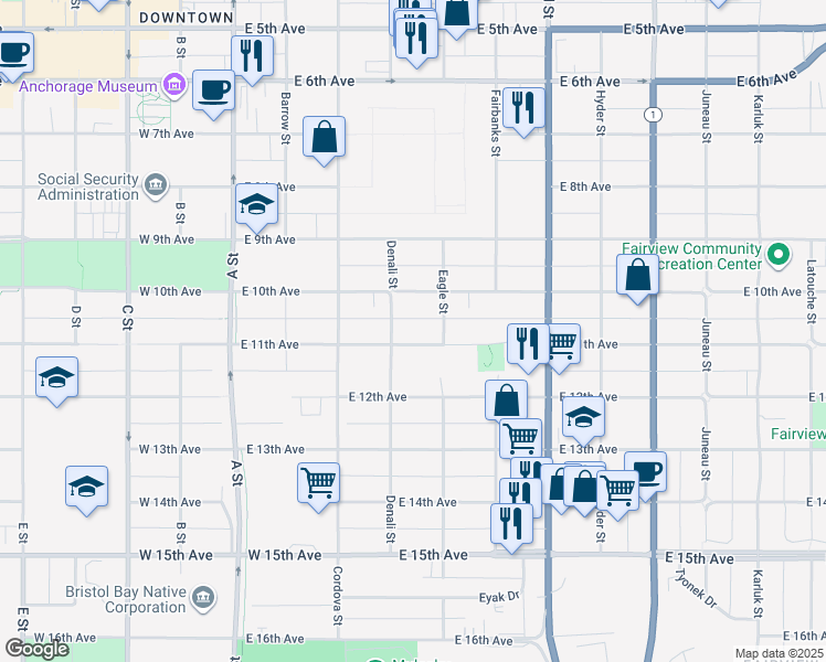 map of restaurants, bars, coffee shops, grocery stores, and more near 1029 Denali Street in Anchorage