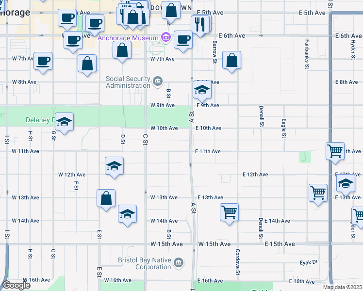 map of restaurants, bars, coffee shops, grocery stores, and more near 129 West 11th Avenue in Anchorage