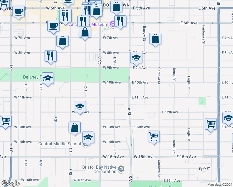 map of restaurants, bars, coffee shops, grocery stores, and more near 129 West 11th Avenue in Anchorage
