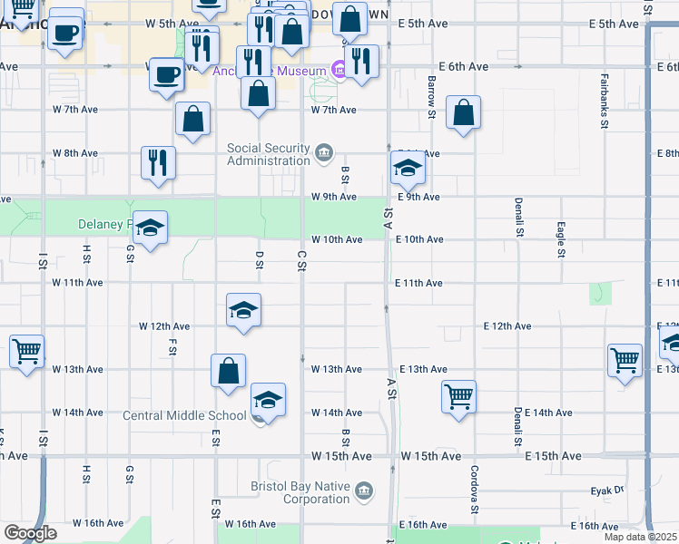 map of restaurants, bars, coffee shops, grocery stores, and more near 211 West 11th Avenue in Anchorage