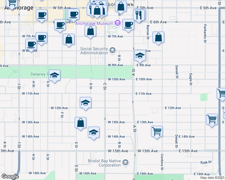 map of restaurants, bars, coffee shops, grocery stores, and more near 211 West 11th Avenue in Anchorage