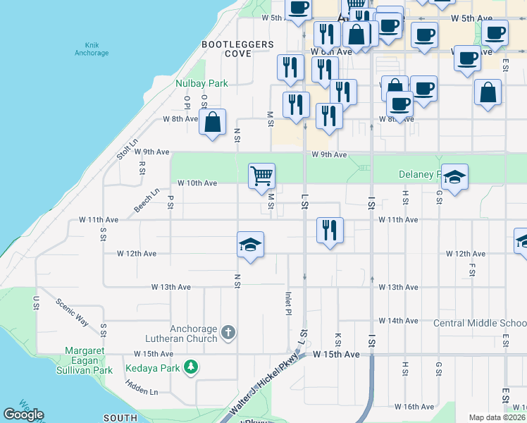 map of restaurants, bars, coffee shops, grocery stores, and more near 1145 West 11th Avenue in Anchorage