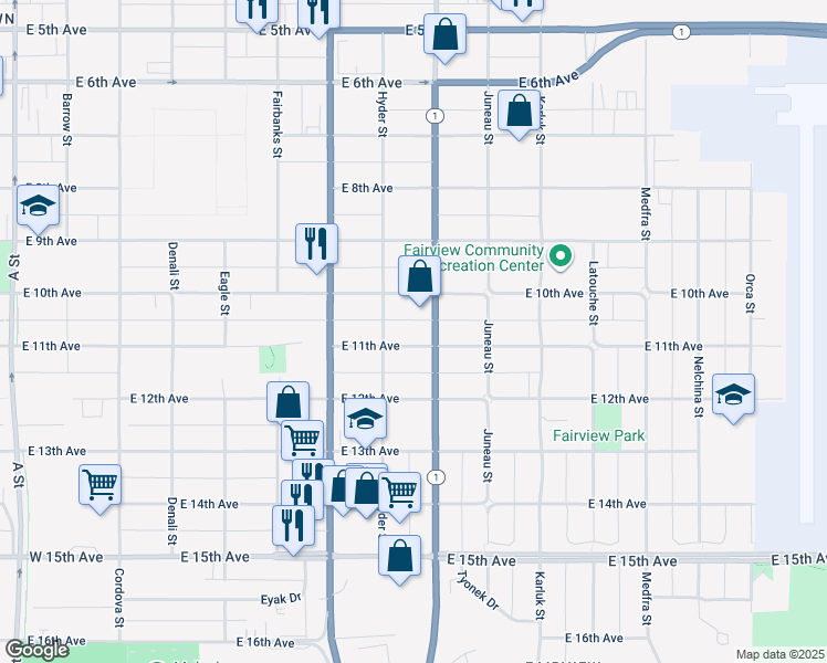 map of restaurants, bars, coffee shops, grocery stores, and more near 827 East 11th Avenue in Anchorage