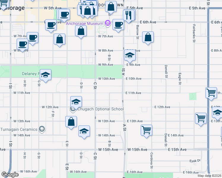 map of restaurants, bars, coffee shops, grocery stores, and more near 129 West 11th Avenue in Anchorage