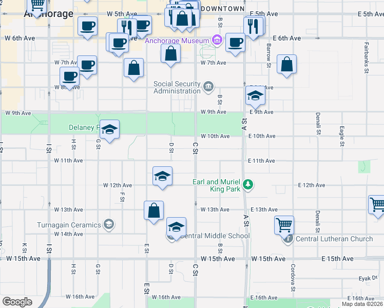 map of restaurants, bars, coffee shops, grocery stores, and more near 1040 C Street in Anchorage