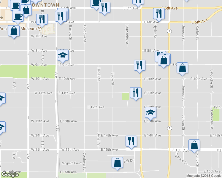 map of restaurants, bars, coffee shops, grocery stores, and more near 445 East 11th Avenue in Anchorage