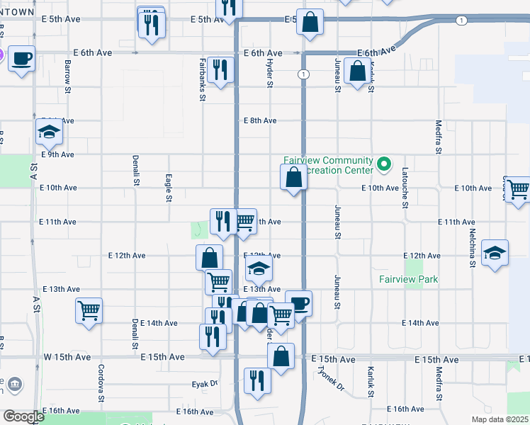 map of restaurants, bars, coffee shops, grocery stores, and more near 745 E 11th Ave in Anchorage