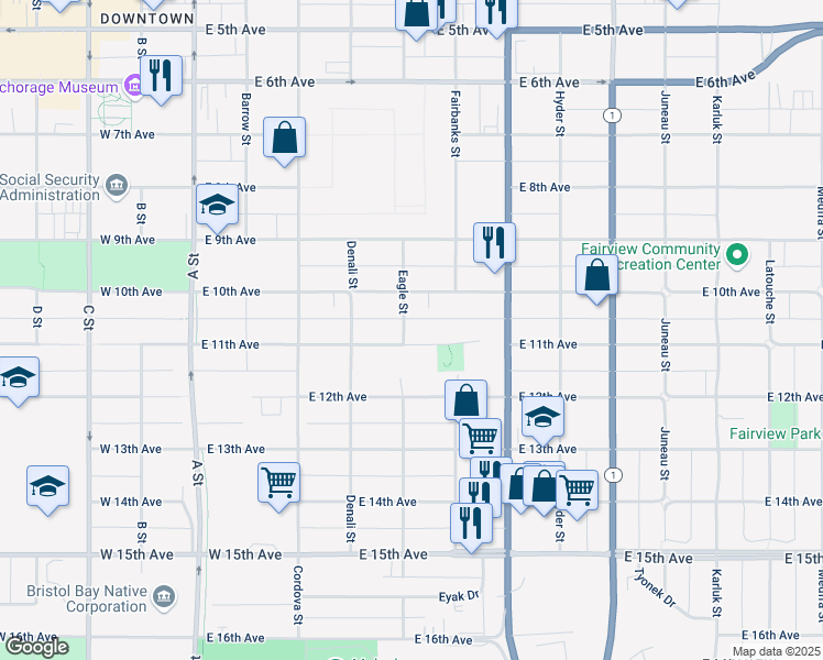 map of restaurants, bars, coffee shops, grocery stores, and more near 1075 Eagle Street in Anchorage