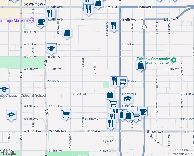 map of restaurants, bars, coffee shops, grocery stores, and more near 445 East 11th Avenue in Anchorage